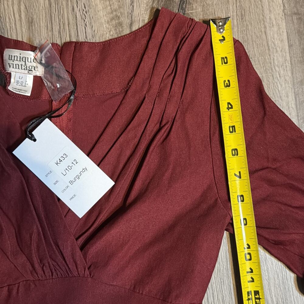 NWT Unique Vintage Burgundy Fit & Flare Dress Retro Pinup Swing Midi Sz L 10/12 - Picture 9 of 11